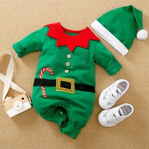 Baby Christmas Costume Green Romper Kids Boys Girls Långärmad Jumpsuits + hattar 2st Outwear kläder för född 0-24m 211229