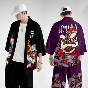 Etnisk Kläder Kinesisk Lion Dragon Skriv ut Japanska Kimono Cardigan Jacka Coats Streetwear Harajuku Hip Hop Casual Loose Shirt Toppar