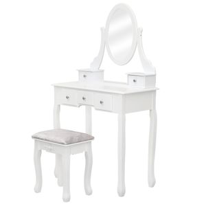 Zestaw tabeli makijażu szafki stoliki meble do sypialni z stołkiem owalnym lustro drewno szuflad biały magazyn w USA Wielka Brytania FR