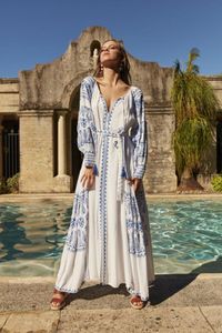 Casual Dresses Maroko Holidays Maxi Dress Kobiety Spadek Z Długim Rękawem Haft Vintage 2022 Boho Beach Hippie Loose Vestidos Mujer