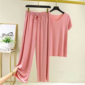 여름 잠옷 세트 여성 homewear 느슨한 PJS 여성 수면 착용 Loungewear 숙녀 라운지 착용 숙녀 잠자기 홈 슈트 210622