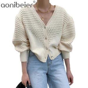 Elegant Koreansk V Neck Puff Sleeve Stickad kappa Kardigan Kvinnor Höst Vinter Solid Mönster Sweater Cardigans 210604