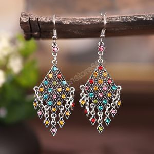 Vintage dangle brincos boêmio estilo étnico antigo cor prata cor liga geométrica corful trongo rhinestone brincos para mulheres