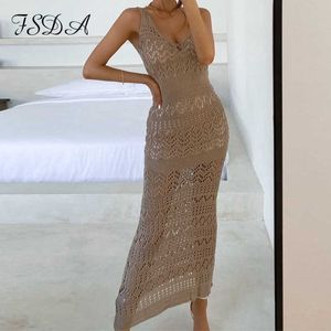 FSDA 2021 Beach Khaki Maxi Dress Mulheres fora Ombro Branco Verão Branco Casual Feriado V Neck Sem Mangas Bodycon Vestidos Y0603