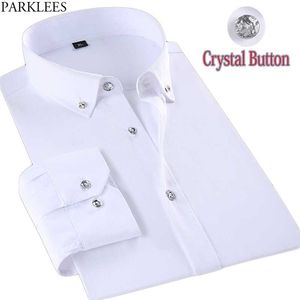 Moda Crystal Button White Tuxedo Shirt Mężczyźni Marka Slim Fit Long Sleeve Mens Sukienka Koszulki Przycisk Casual Down Chemise 210522