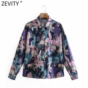 Zevity Women Vintage Abstract Picture Print Smock Blouse Female Long Sleeve Single Breasted Shirts Chic Blusas Tops LS9298 210603
