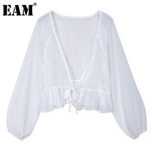[EAM] Women White Bow Ruffles Mesh Pleated Blouse V-Neck Lantern Sleeve Loose Fit Shirt Fashion Spring Summer 1DD7133 21512