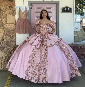 2021 Bling Vintage Rose Gold Sequined Lace Quinceanera Dresses Ball Gown Off Shoulder Pink Satin Corset Back Tiered Sweet 16 Tulle Party Prom Evening Gowns Plus Size