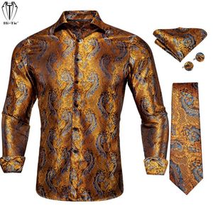 Men's Casual Shirts Hi-Tie Silk Mens Long Sleeve Orange Floral Shirt With Gold Blue Red Tie Hanky Cufflinks Set For Men Slim Fit High Qualit