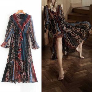 Patchwork Print Midi Za Dress Autumn Women Ruffle V-neck Long Sleeve Vintage Holiday Dress Asymmetric Hem Lining Dresses 210602