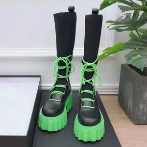 2021 Meias de inverno de outono botas mulheres de couro real grosso fundo lace up longa bota britânica estilo tricotado tecido sapatos