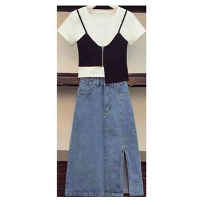 Women Summer Elegant Two-Piece Set Asymmetrical Irregular Short T-Shirt Denim Pocket Split Mid Calf Length Skirt T3042 210514