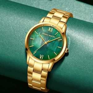 Stile Oro Acciaio inossidabile Quadrante in pietra verde Quarzo giapponese Shell Pearl oyster Orologi da donna impermeabili da donna di marca Retro 210527