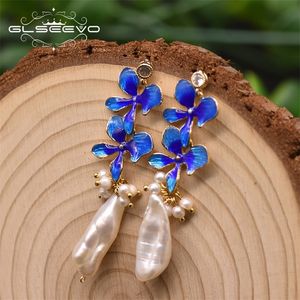 Glseevo自然淡水バロック様式の真珠のクルイン系の花のダンガルドロップイヤリングのための女性パーティーギフトハンドメイドジュエリーGE0978 210317