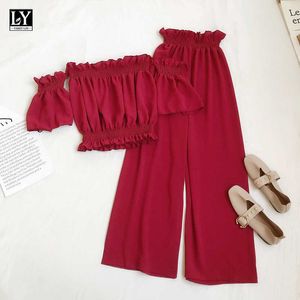 Ly Varey Lin Sommar Kvinnor Sexig Två Piece Set Solid Färg Off Shoulder Short Toppar + Elastiska Midja Wide Long Long Pants 210526