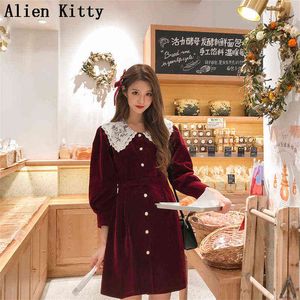 Alien Kitty 2021 Brand New Spring Autumn Party Evening Elegant Vintage Dresses Sundress Women Dress All-Match Peter Pen Collar Y1204