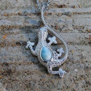 Natural Larimar Sterling Silver Pendant lizard Larimar Gemstone Pendant Necklace for Women Man Gift
