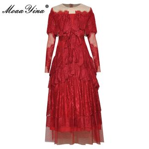 Modedesigner-Kleid Sommer-Damenkleid Solid Red Mesh Stickerei Hollow Out Cascading Rüschen Midi-Kleider 210524