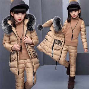 Girl Clothing Sets For Russia Winter Hooded Warm Vest Jacket + Top Cotton Pants 3 Pieces Clothes Coat With Fur Hood 211104