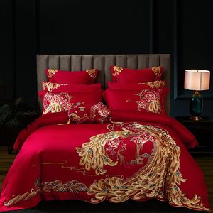 Set di biancheria da letto di lusso dorato fogliix fiori ricamo rosso cinese matrimonio 100s set di cotone egiziano copertura piumino copripiumino lenzuolo