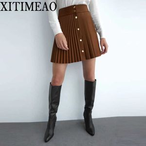 ZA Women Chic Fashion Pleated Faux Leather Mini Skirt Vintage With Metal Snap Buttons Female Skirts Mujer 210602
