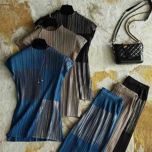 TIANPEI Pleated two piece set sleeveless T-shirt straight trousers Brush metal loungewear women vintage aesthetic clothes 210727