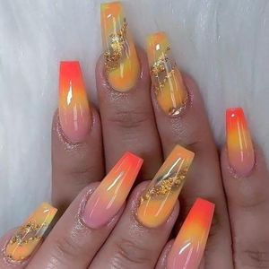 False Nails 24Pcs Orange Gradient Gold Foil Long Coffin Ballerina Marble Style Fake Full Cover Nail Tips Press On