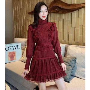 Wiosna Turtleneck Burgundia Ruffle Suknia Kobieta Z Długim Rękawem Patchwork Dorywczo Mini Dress Kobieta Moda Kobieta Odzież 210603