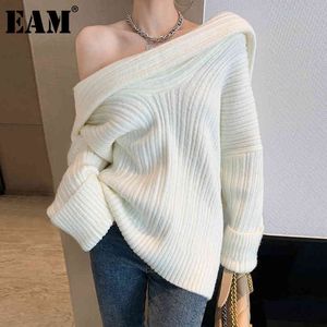 [Eam] 화이트 불규칙한 뜨개질 스웨터 느슨한 맞는 긴 소매 여성 풀오버 패션 가을 겨울 1DD6038 210512