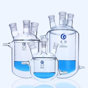 Lab Supplies Round Bottom Four Mouth Glass Jacketed Reaction Bottle Laboratory Double-layer Flask