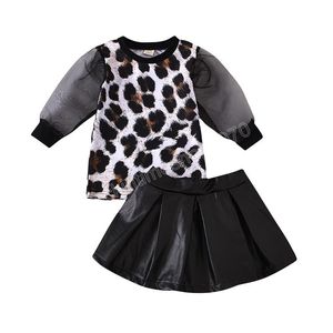 kids Clothing Sets girls outfits children Leopard Lace sleeve Tops+PU leather Skirts 2pcs/set Spring Autumn summer fashion Boutique baby clothes