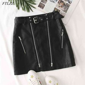 Spring Autumn Women Streetwear Mini Skirts A-line Pu Leather SkirtParty Club Solid Color Sexy Short Skirt with Belt 210430