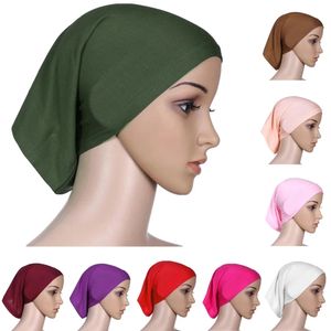 Elastisk mode bomull underscarf turban hatt solid färg kvinnor huvudduk bonnet inre hijabs cap muslim hijab femme wrap head