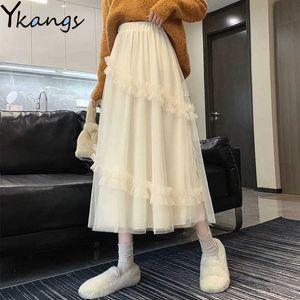 Long Kawaii Tulle midi kjolar kvinnor lolita sommar vårmask kjol japansk stil svart hög midja ruched ruffle kjolar 210619