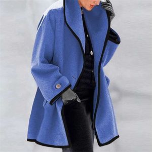 Frauen Winter Mit Kapuze Mischung Wolle Mantel Tops Retro Single Button Solide Lange Strickjacke Jacken Herbst Langarm Tasche Outwear 211018