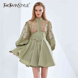 See Through White Dress For Women Stand Collar Lantern Sleeve High Waist Sashes Patchwork Lace Dresses Female 210520