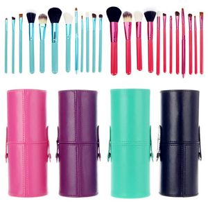 12st Cylinder Barrel Makeup Brush Set High-end Animal Hair Penslar med läderkopphållare 4 färger Drop Ship 1Set