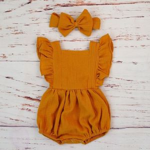 Ekologisk bomull Barnflicka Kläder Sommar Ny Dubbel Gauze Kids Ruffle Romper Jumpsuit Headband Dammig Rosa Playsuit för Nyfödd 3M 1738 B3