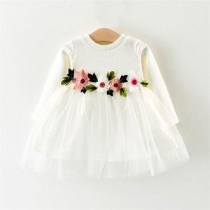 Jersey bomull långärmad tutu klänning med blomma dekor midja för baby och toddler tjejer 210521