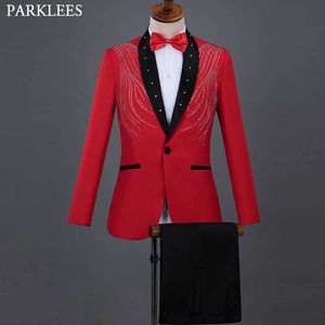 Red Shawl Collar Crystal Embroidery Suit Men One Button Slim Fit Suits With Pants Mens Wedding Groom Party Costume Homme Mariage 210522