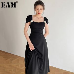 [Eam] Kvinnor svart smal pärla elegant klänning slash neck kortärmad lös passform mode vår sommar 1dd8107 210512