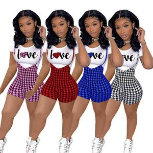 Tracksuit Mulheres Duas peças Outfits Amor Impresso Verão T-shirt Top e Bodycon Spaghetti Strap Jumpsuits Playsuit Biker Shorts 210525