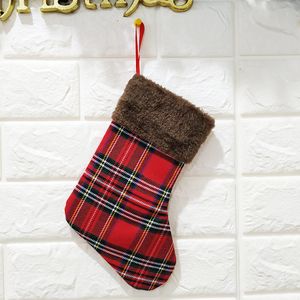 Red Black Small Plaid Socks Plush Christmas Stocking With Hanging Rope For Xmas Tree Ornament Home Decorations