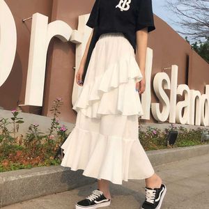 Koreansk lutande tårta A-Line Long Kjolar Kvinnor Oregelbunden Tiered Layered Midi Skirt Fashion High Waist Elastic Slim Skirt 210619