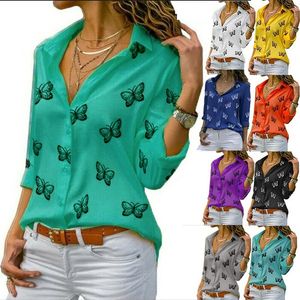 Kobiety Butterfly Drukowanie Luźne Lapel Żółte Koszule Blusa 2021 Office Ol Samica Commuter Work Ubrania Top Bluzyki Plus Rozmiar