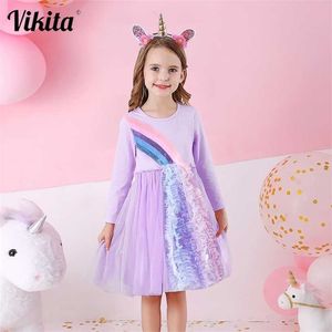 VIKITA Kids Dresses for Girls Long Sleeve Autumn Sequined Party Prom Costumes Rainbow Mesh Tulle Children Clothing 211231