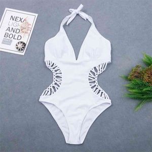Sexig vit halter cut out bandage trikini simma baddräkt monokini push up brasilian swimwear kvinnor baddräkt 210712