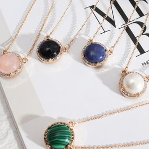 Requintado pedra natural pingente lapis lazuli malaquita rosa rosa quartzo chakra cura strass colar de cadeia de ouro para mulheres jóias