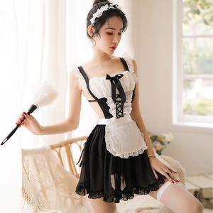 Bonito doce japonês lolita cosplay trajes encantador vestido de empregada sleepwear mulheres sexy babydoll nightdress com avental calcinha j190612