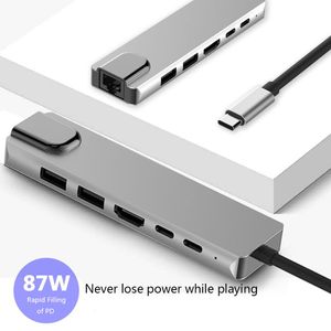 USB Hubs Docking Station 6 em 1 Tipo C Adaptador MultiPort HDTV com RJ45 Ethernet PD Charging Ports Splitter para PC MacBook Laptops Tablet Type-C Hub